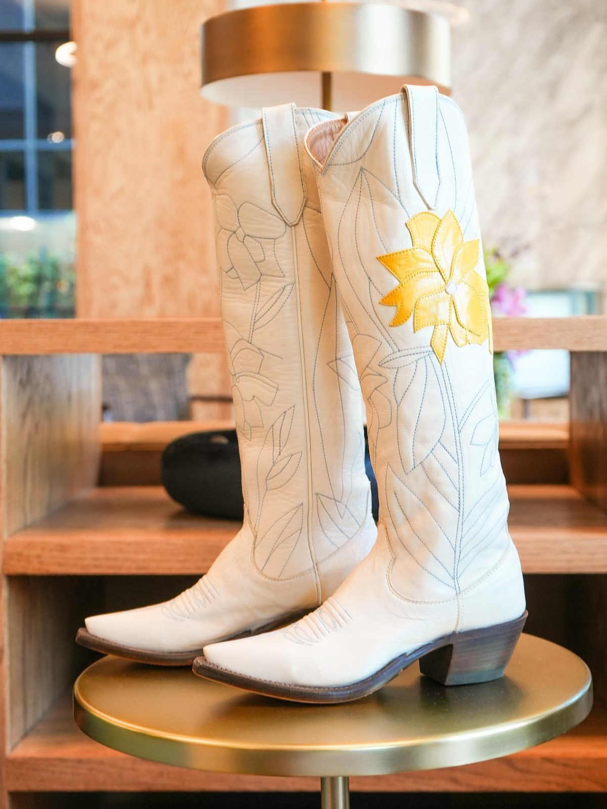 Cream Snip-Toe Embroidery Flower Applique Wide Calf Knee High Cowgirl Boots