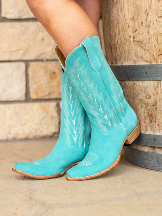 Sky Blue Faux Suede Embroidery Snip-Toe Wide Mid Calf Tall Cowgirl Boots