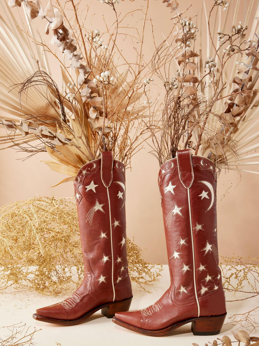 Metallic Moon Star Inlay Applique Mid Calf Cowgirl Tall Boots - Brown / Pale Gold