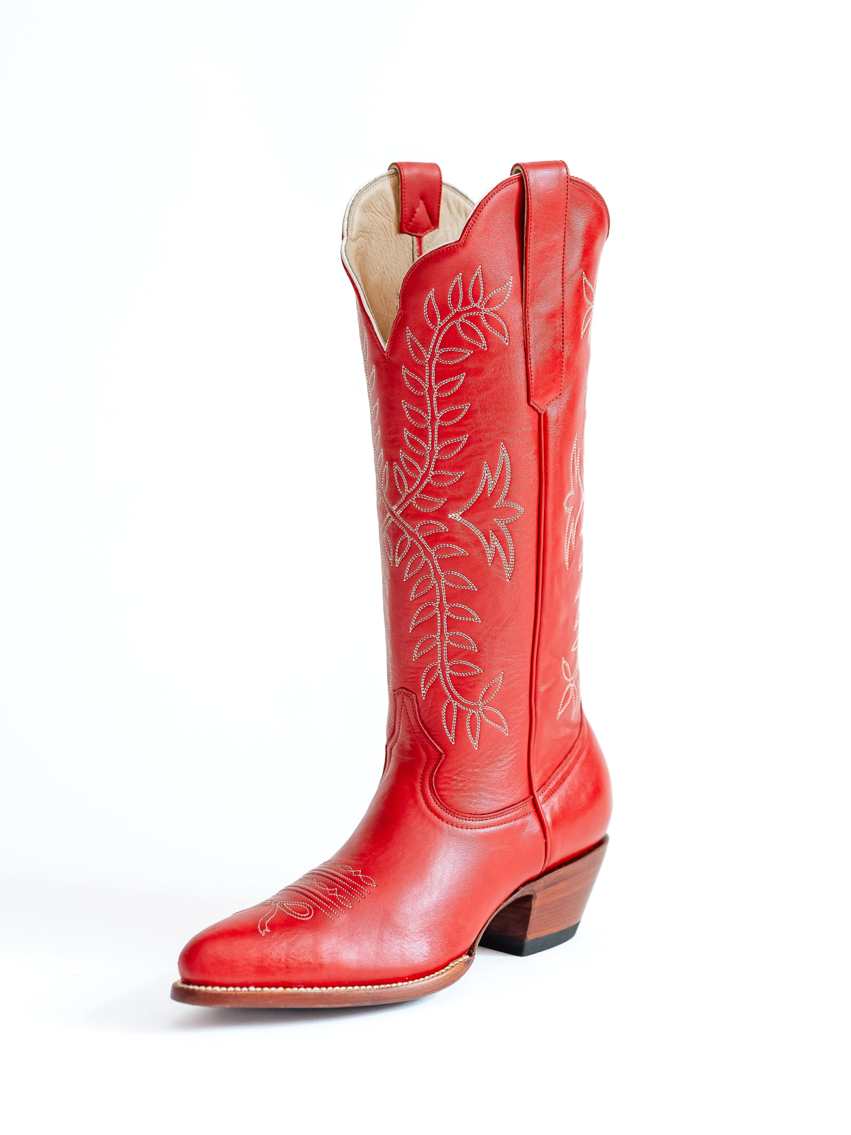 Leaves Embroidery Almond-Toe Wide Mid Calf Cowgirl Boots - Red