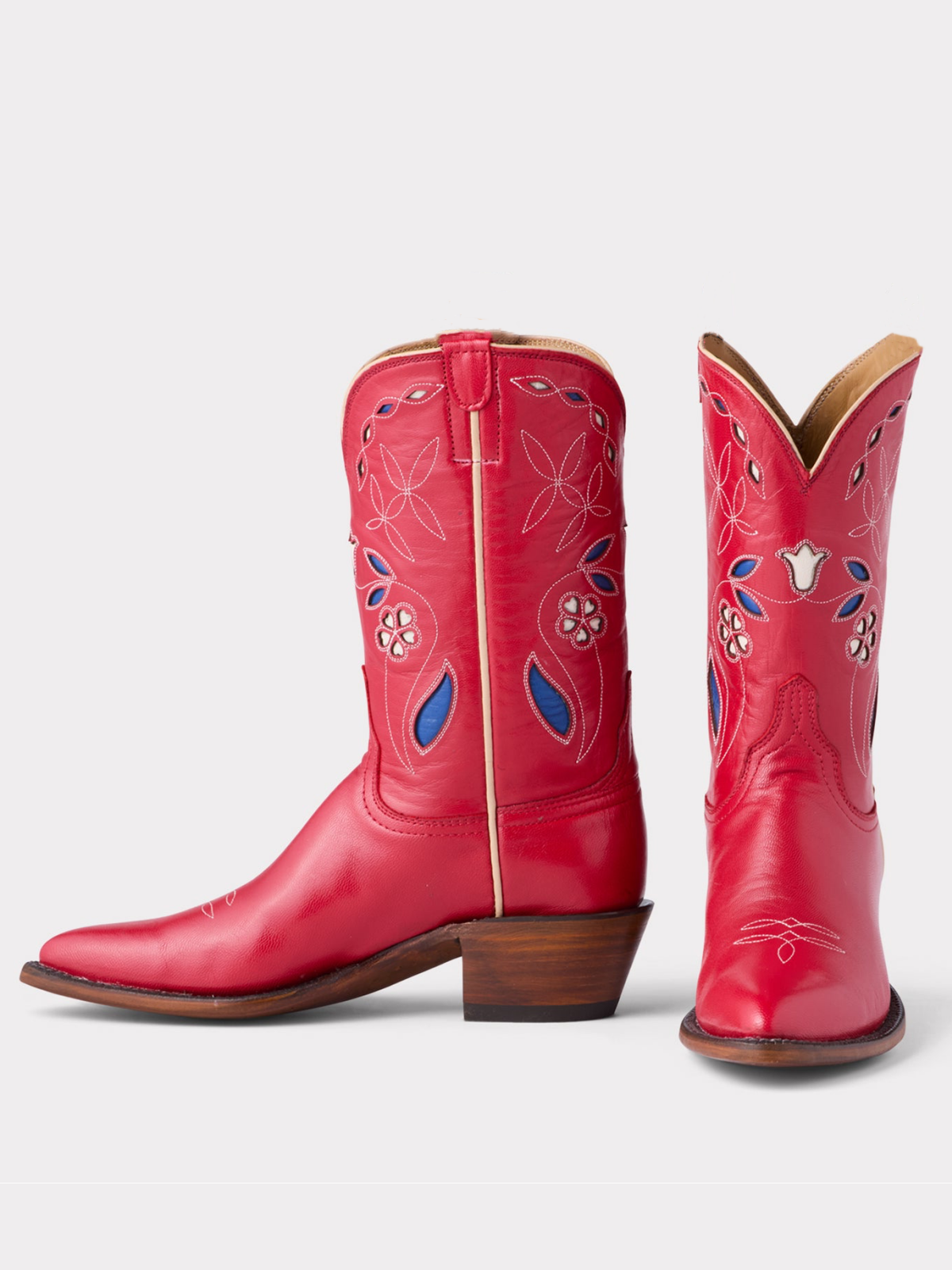 Cherry Red Pointed-Toe Embroidery Floral Inlay Wide Mid Calf Cowgirl Boots