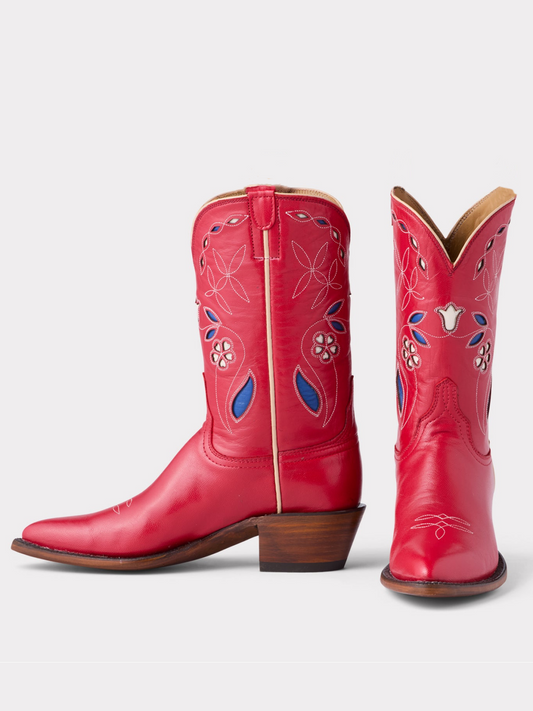 Cherry Red Pointed-Toe Embroidery Floral Inlay Wide Mid Calf Cowgirl Boots