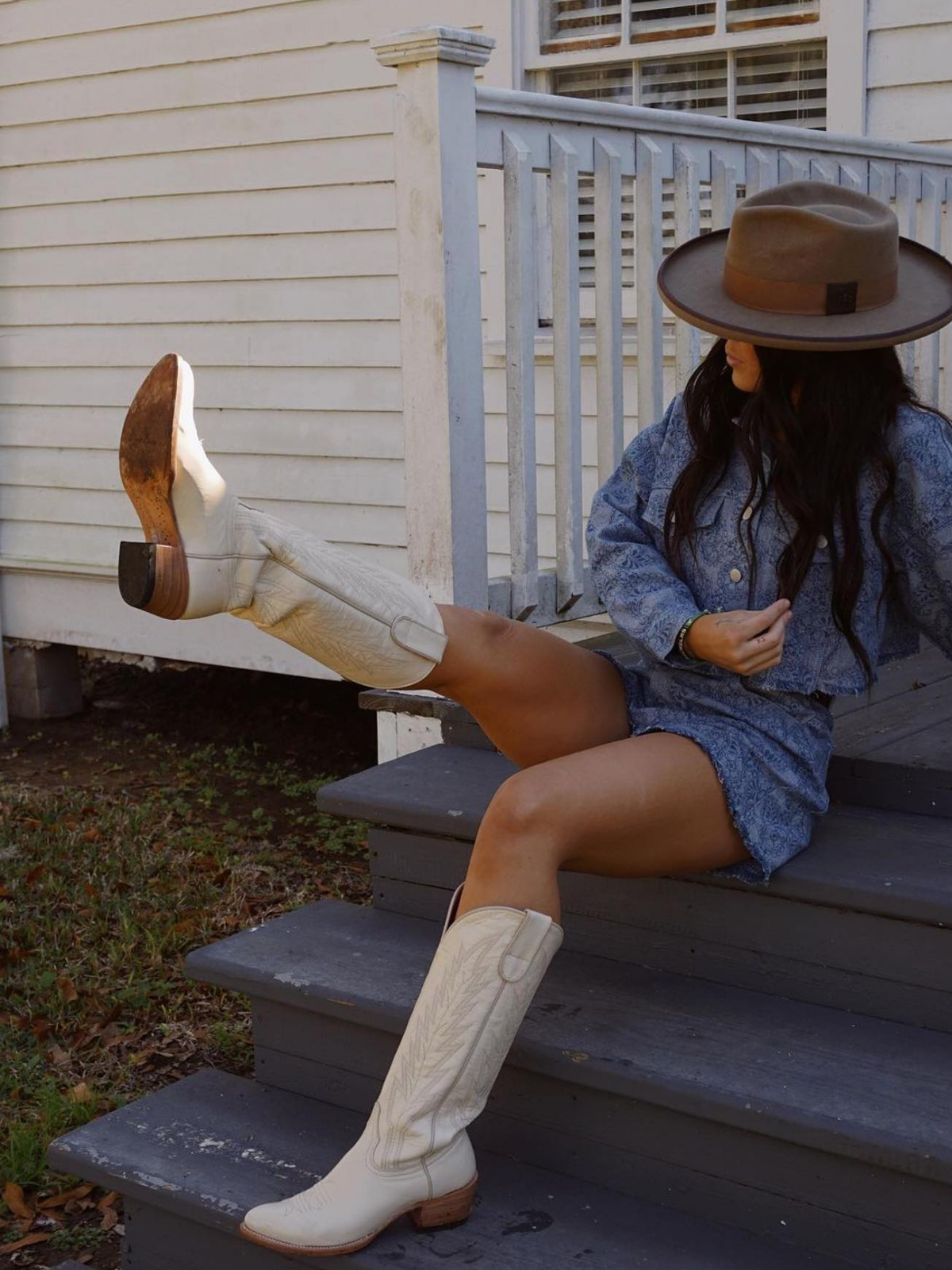 Ivory Embroidery Almond-Toe Wide Mid Calf Cowboy Tall Boots For Women