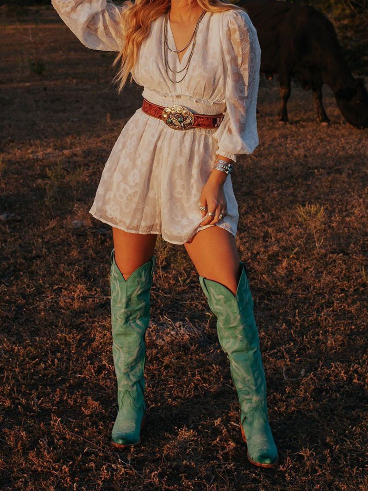 Turquoise Embroidery Pointed-Toe Half-Zip Over-The-Knee Cowgirl Boots