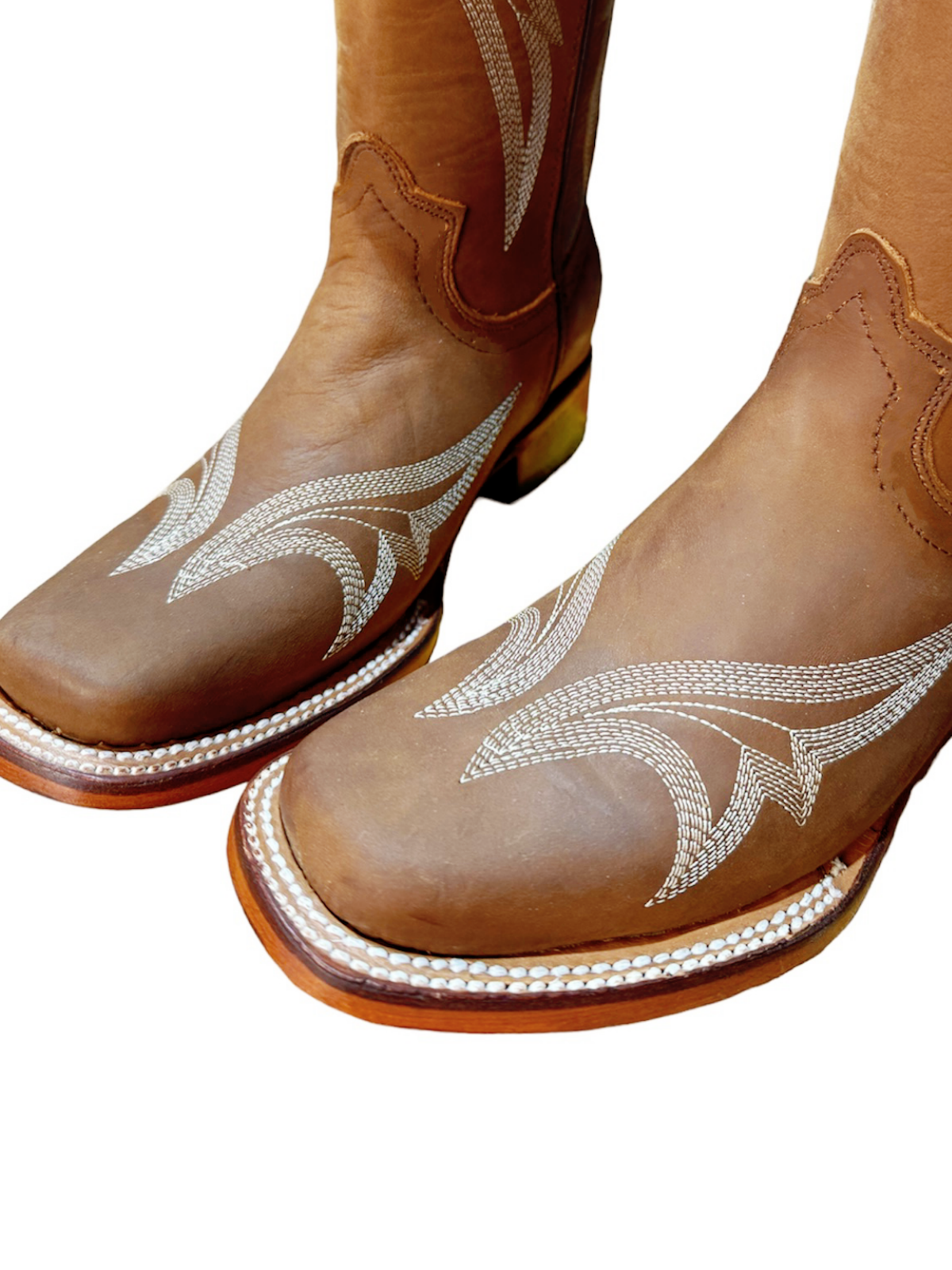 Tan Square-Toe Embroidery Wide Mid Calf Cowgirl Boots