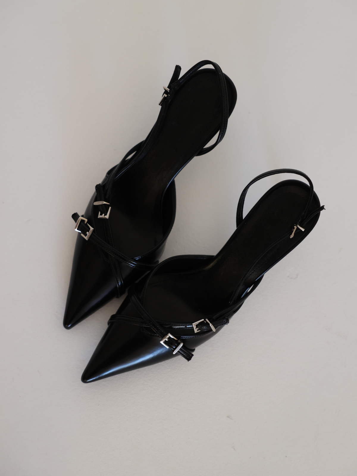 Black Vegan Leather Kitten Heels Slingback Courts Pumps With Crossed Buckled Strap