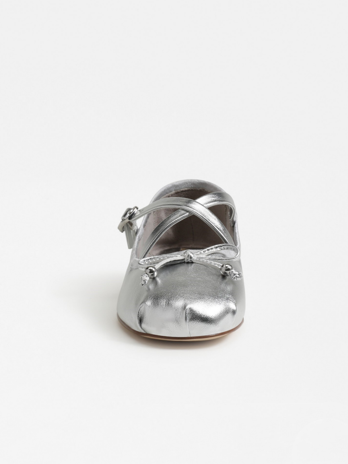 Metallic Silver Bow Ballerina Flats With Crossed Buckled Strap