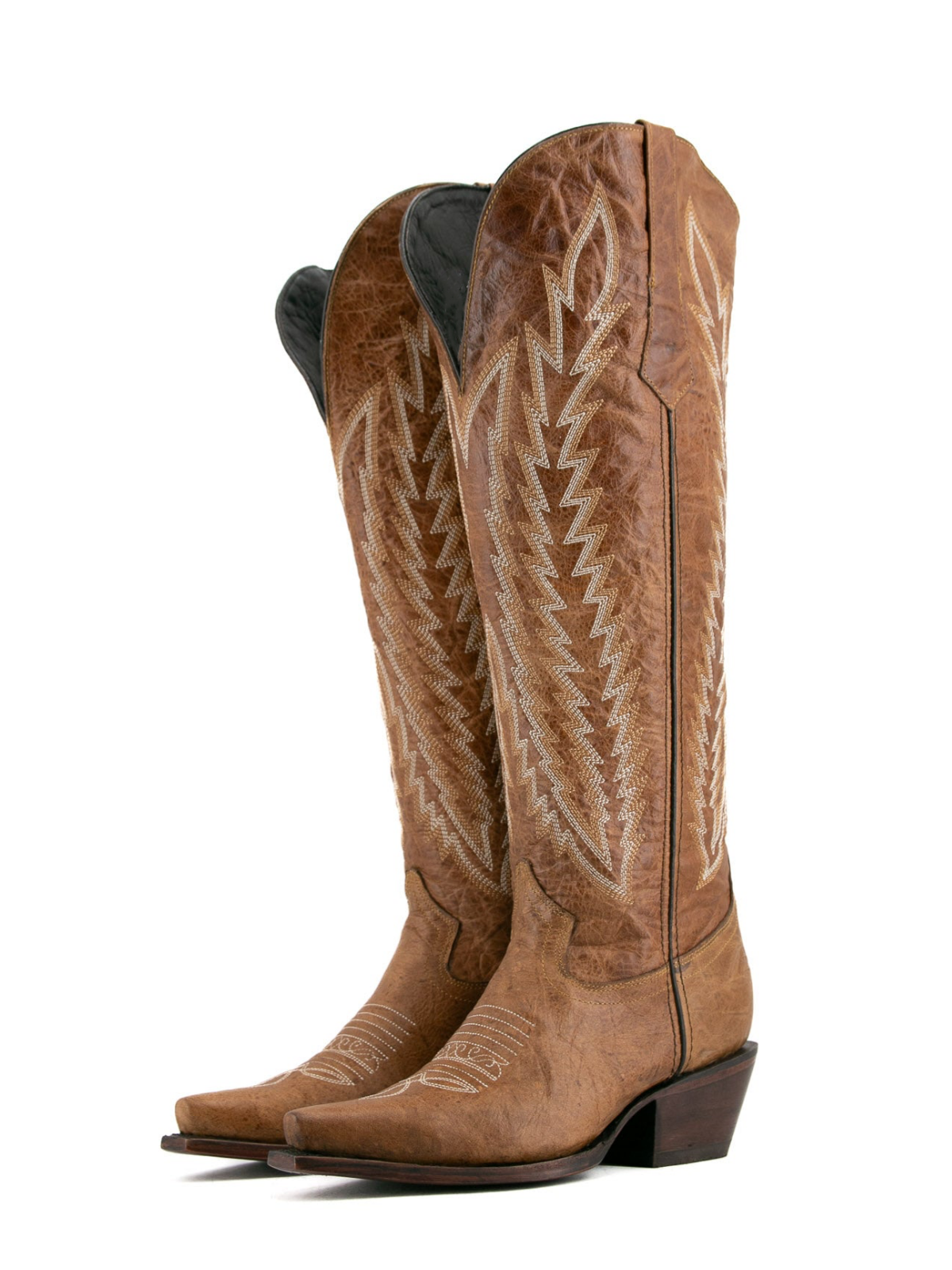 Distressed Camel Embroidery Snip-Toe Half-Zip Western Knee High Tall Boots