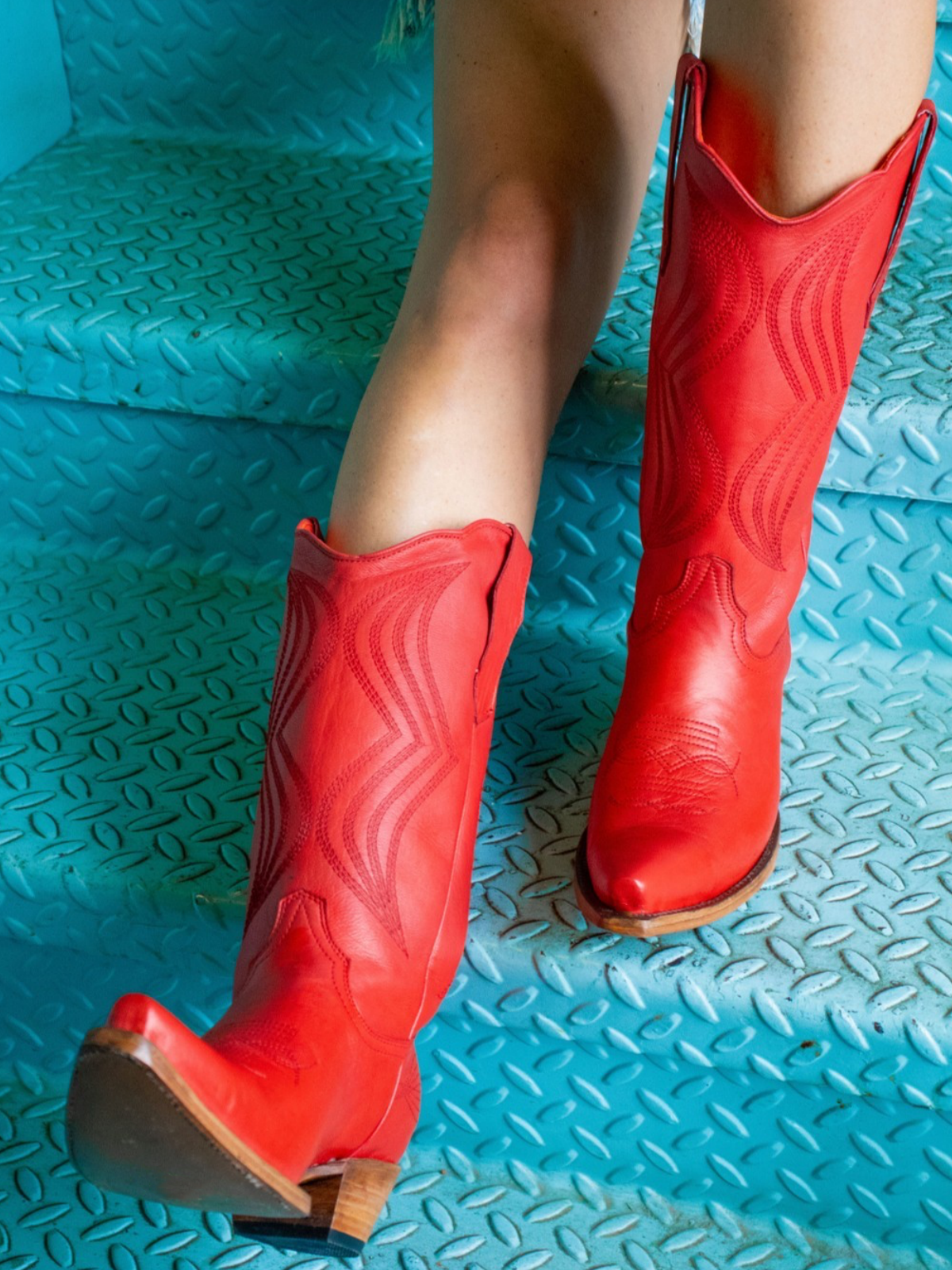 Red Embroidery Tall Snip-Toe Wide Mid Calf Cowgirl Boots