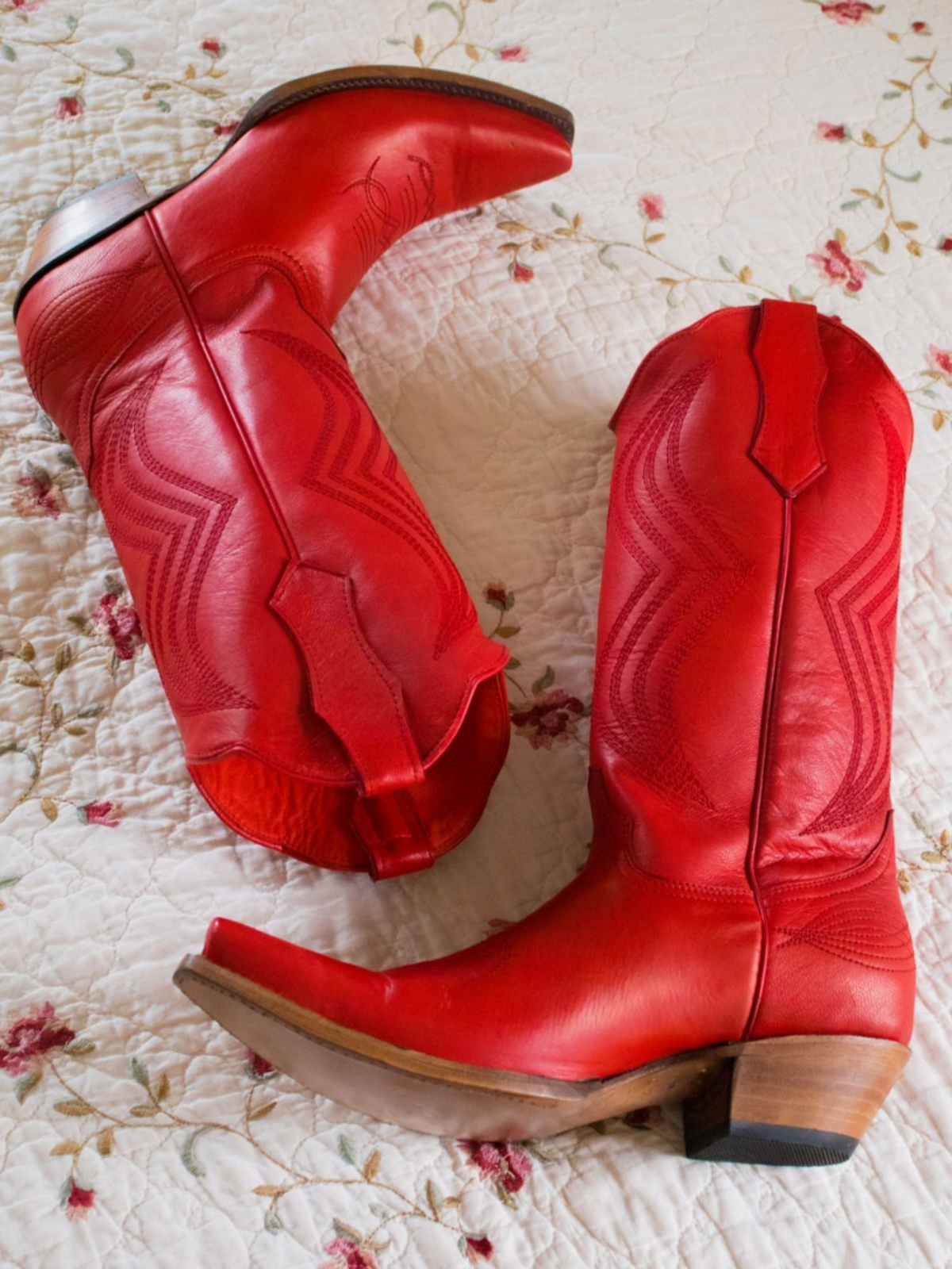 Red Embroidery Tall Snip-Toe Wide Mid Calf Cowgirl Boots