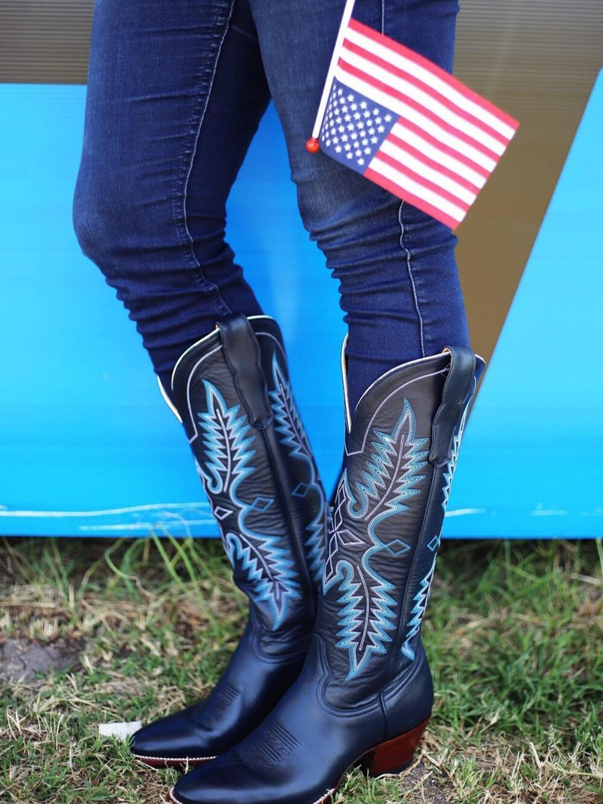 Blue Embroidered Almond-Toe Mid Calf Western Boots Wide Calf Cowgirl Tall Boots