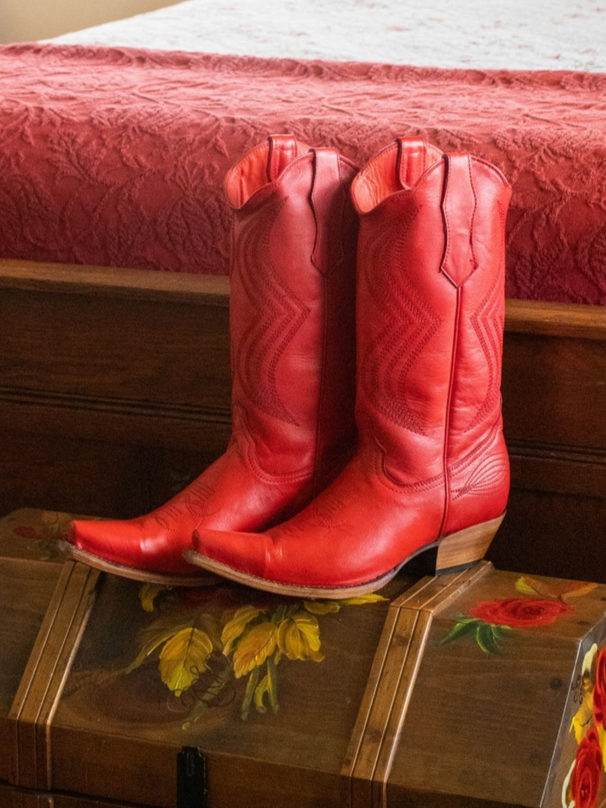 Red Embroidery Tall Snip-Toe Wide Mid Calf Cowgirl Boots