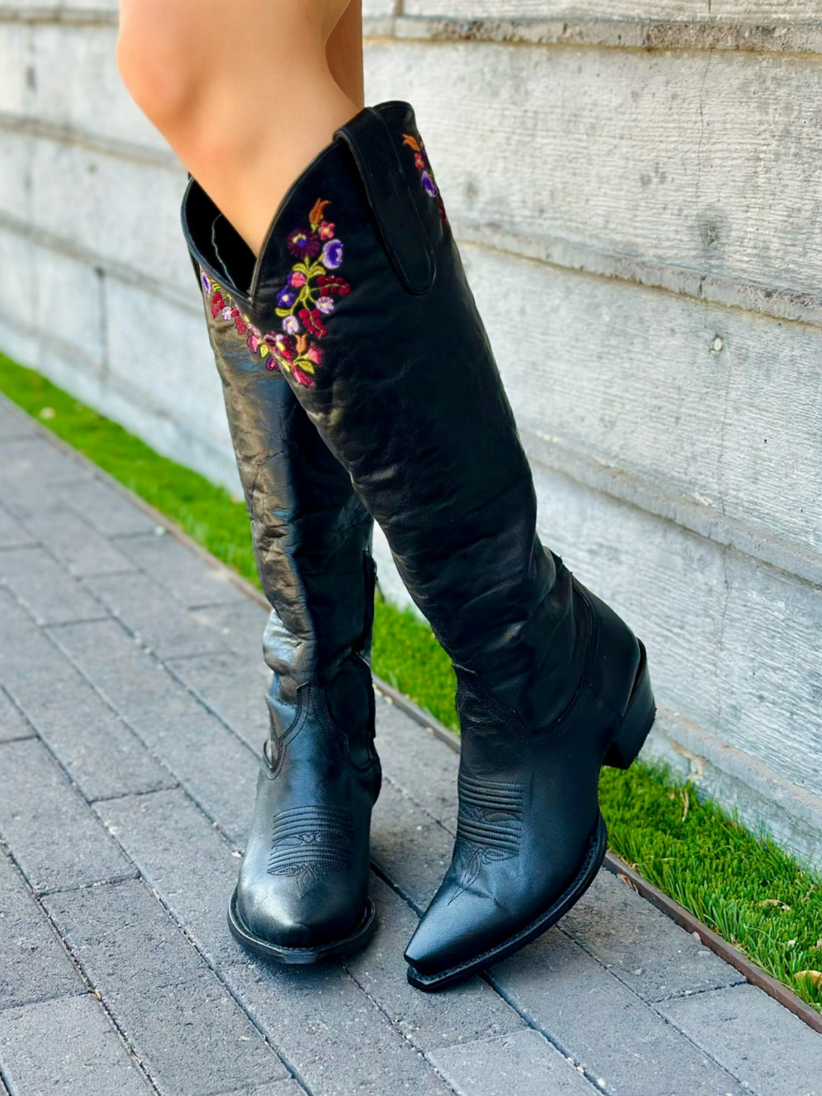 Distressed Black Snip-Toe Colorful Floral Embroidery Half-Zip Tall Knee High Cowgirl Boots