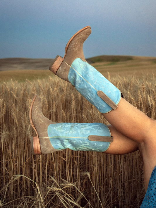 Contrast Tan Faux Suede And Powder Blue Square-Toe Embroidery Wide Mid Calf Tall Cowgirl Boots