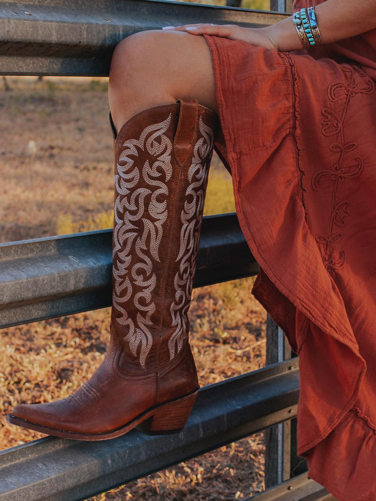 Embroidery Almond-Toe Full-Zip Knee High Tall Cowgirl Boots - Brown