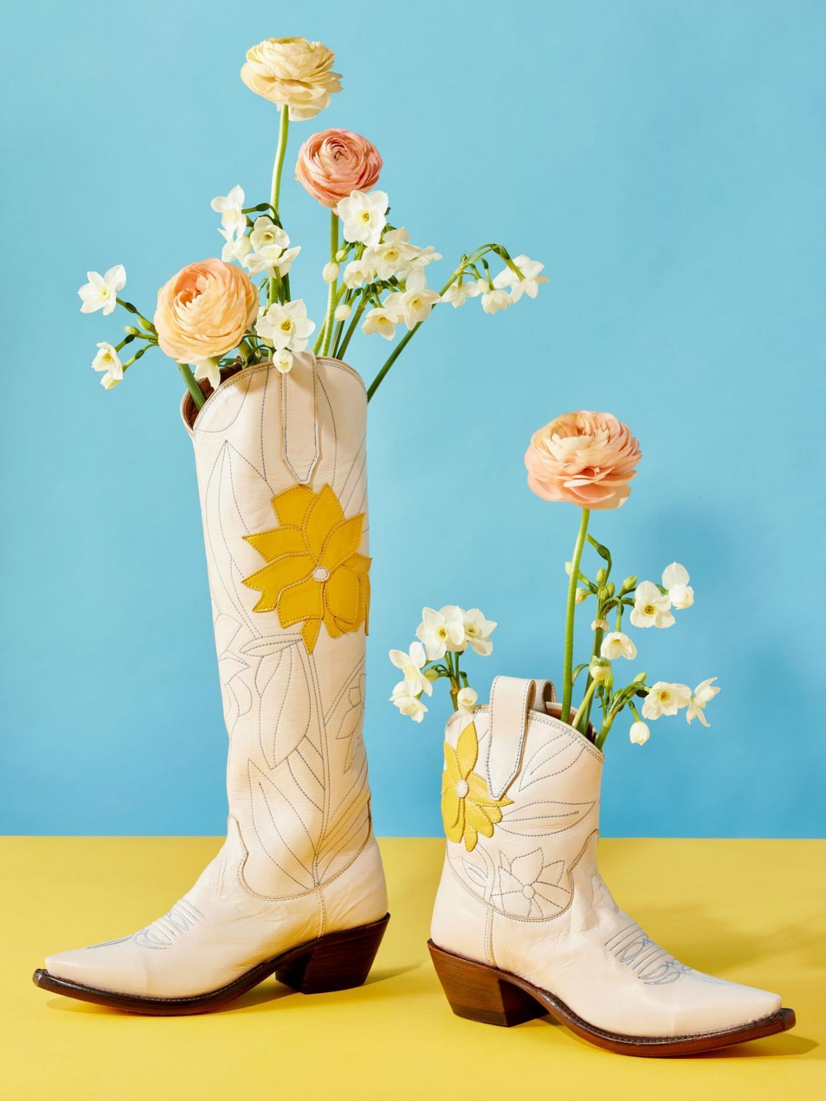 Cream Snip-Toe Embroidery Flower Applique Wide Calf Knee High Cowgirl Boots