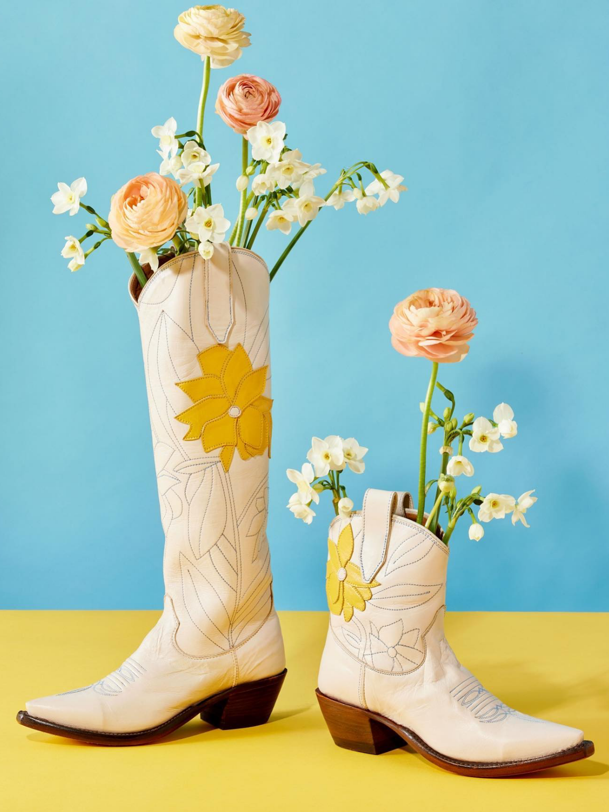 Cream Snip-Toe Embroidery Flower Applique Wide Mid Calf Cowgirl Boots