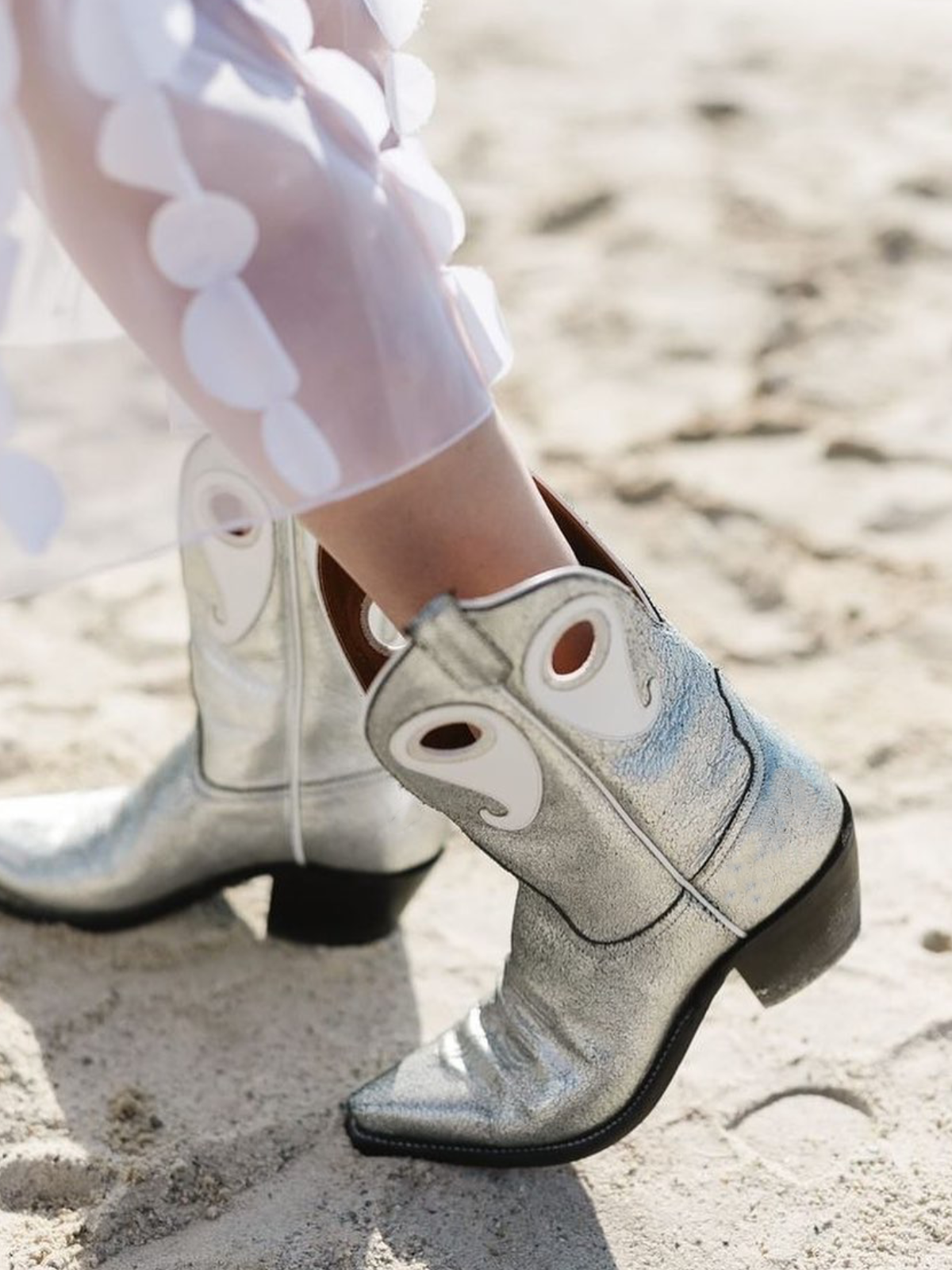 Metallic Silver Cutout Snip-Toe Wide Mid Calf Cowgirl Boots With White Paisley