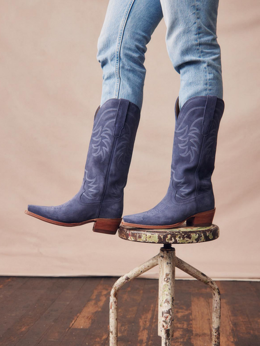 Blue Embroidery Faux Suede Snip-Toe Wide Mid Calf Cowgirl Tall Boots