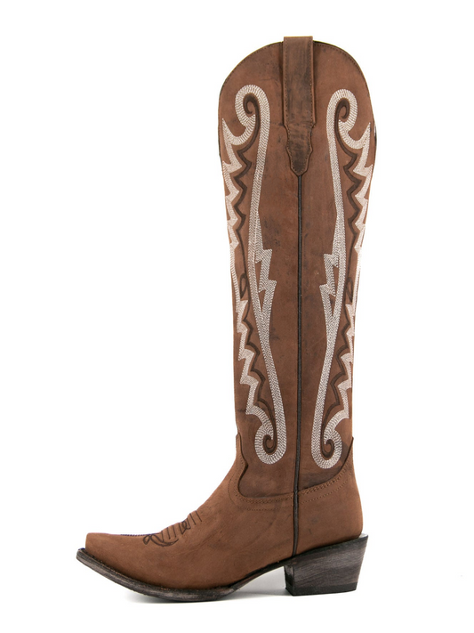 Brown Snip-Toe Half-Zip Embroidery Tall Knee High Cowgirl Boots