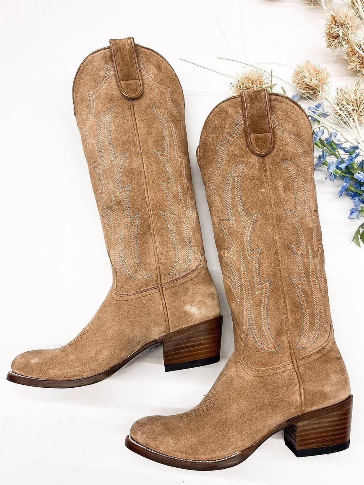 Tan Faux Suede Embroidery Almond-Toe Wide Mid Calf Cowboy Tall Boots For Women