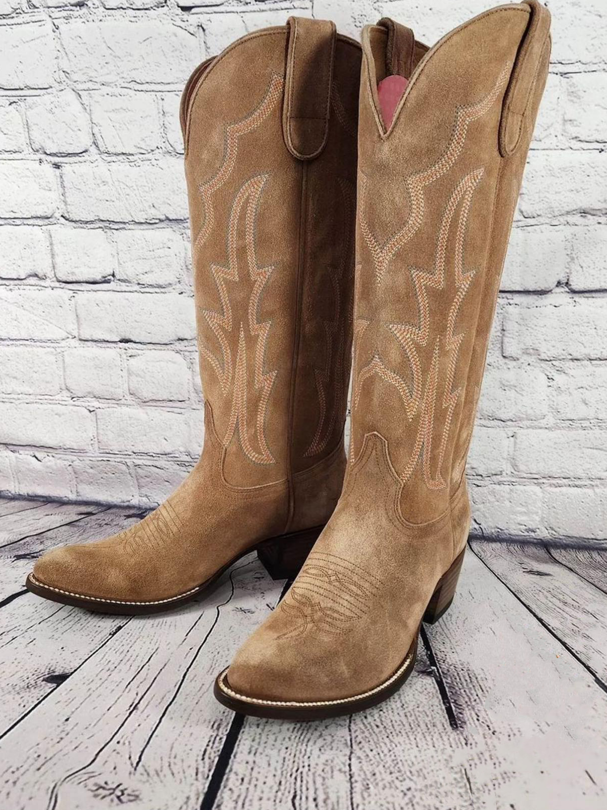 Tan Faux Suede Embroidery Almond-Toe Wide Mid Calf Cowboy Tall Boots For Women