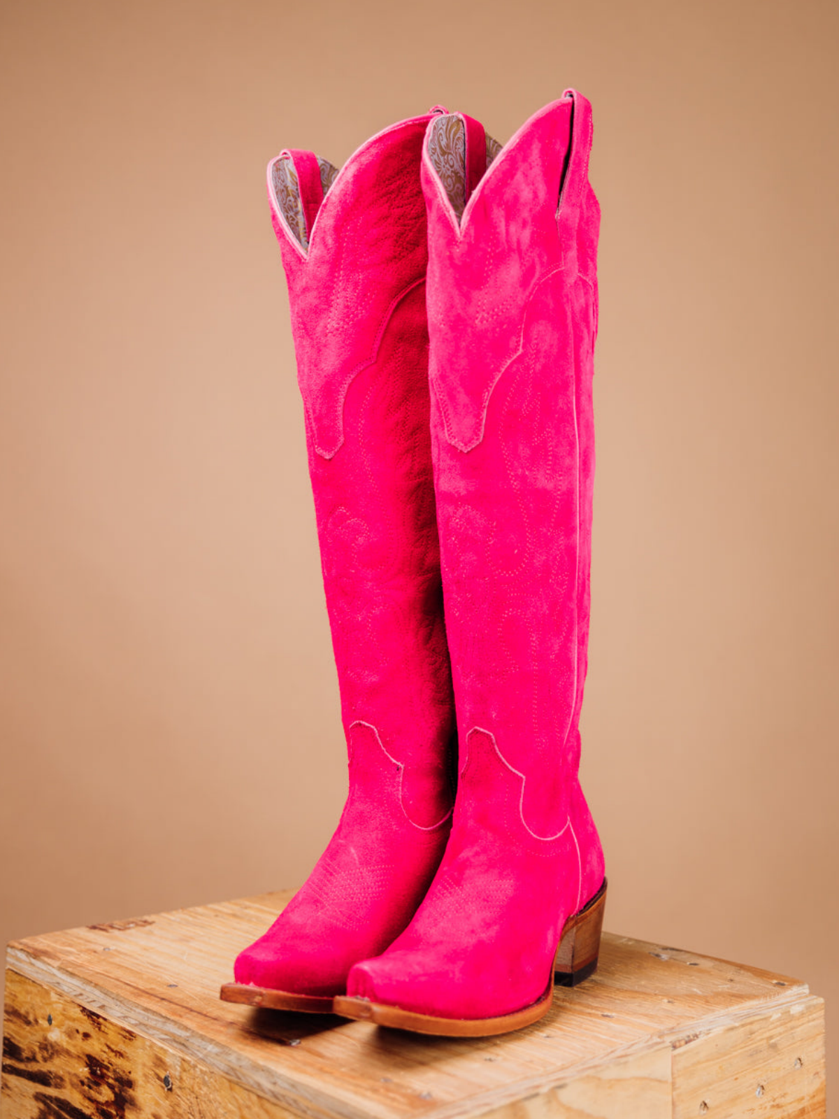 Eagle Embroidery Snip-Toe Half-Zip Over-The-Knee Tall Cowgirl Boots - Fuchsia Faux Suede