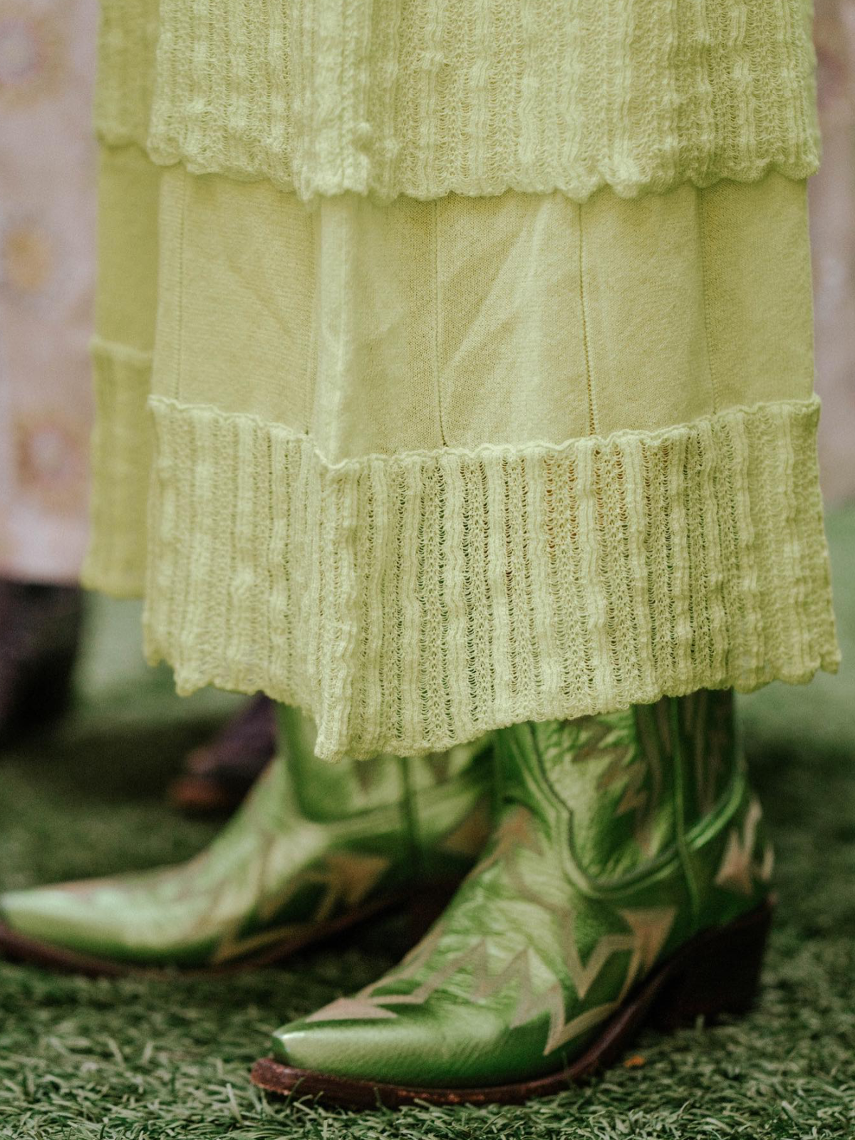 Metallic Embroidery Snip-Toe Wide Mid Calf Cowgirl Boots - Green