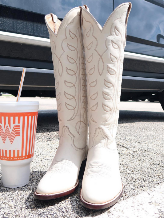 Bone Embroidery Almond-Toe Wide Mid Calf Tall Cowboy Boots For Women