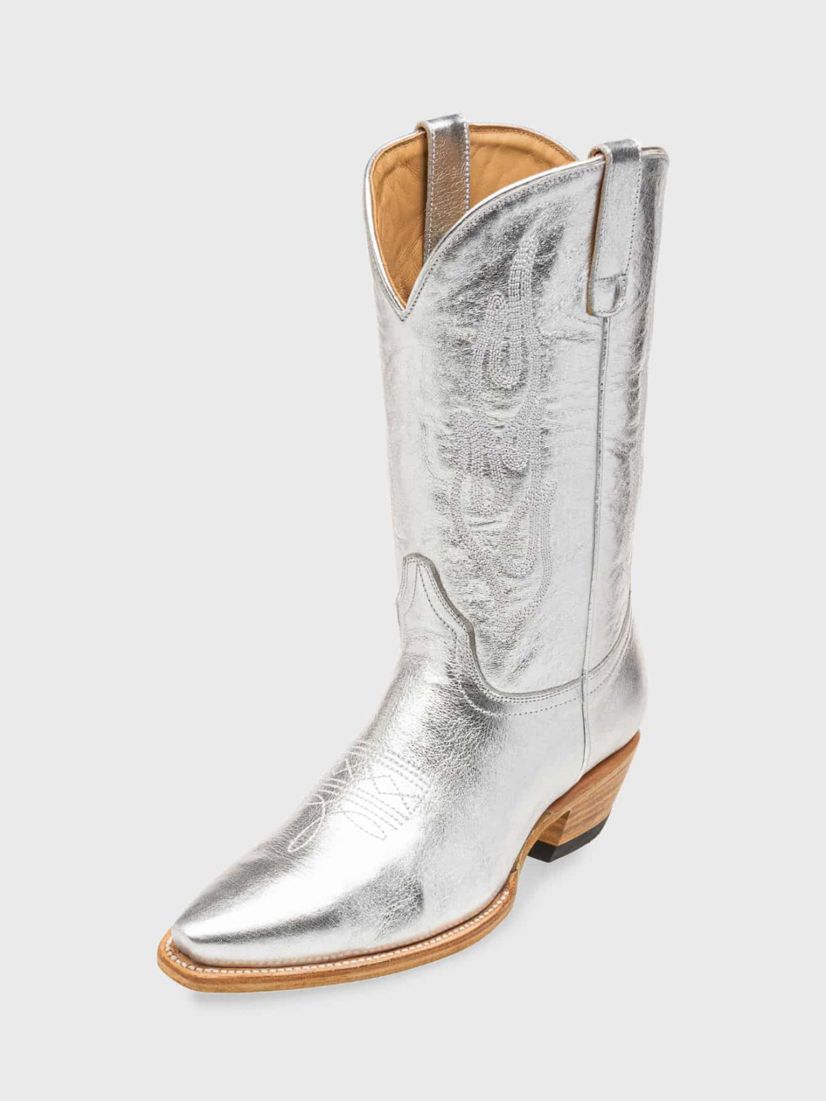 Flame Embroidery Snip-Toe Wide Mid Calf Tall Cowgirl Boots - Metallic Silver