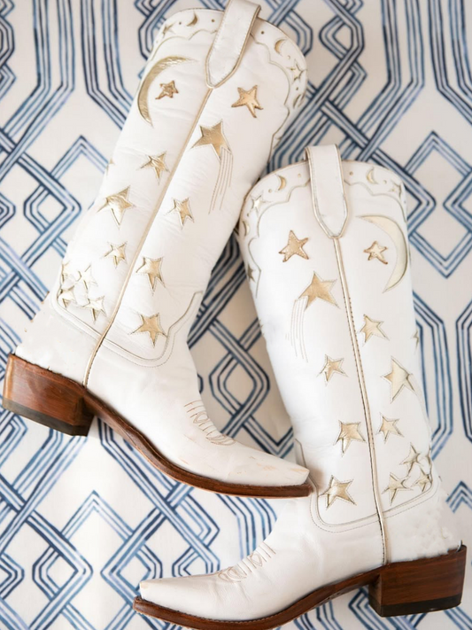 White Snip-Toe Metallic Gold Star And Moon Inlay Wide Calf Knee High Tall Cowgirl Boots