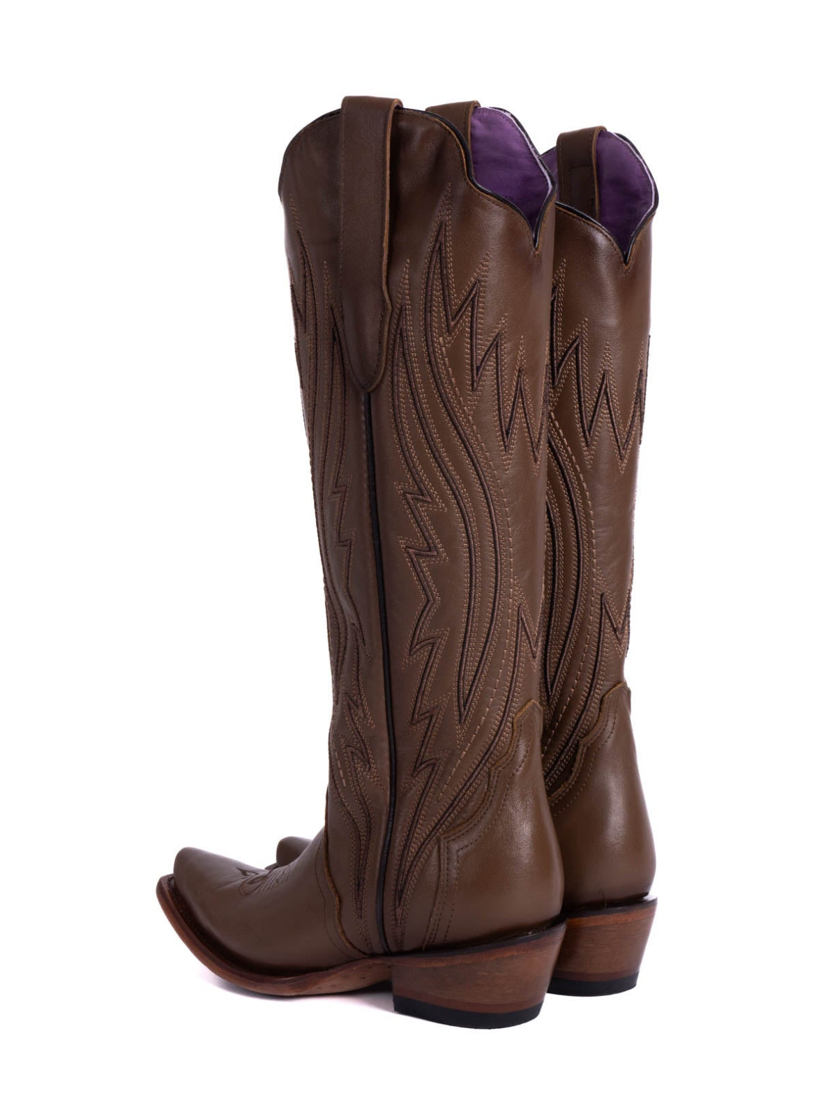 Brown Embroidery Snip-Toe Knee High Half-Zip Tall Cowgirl Boots