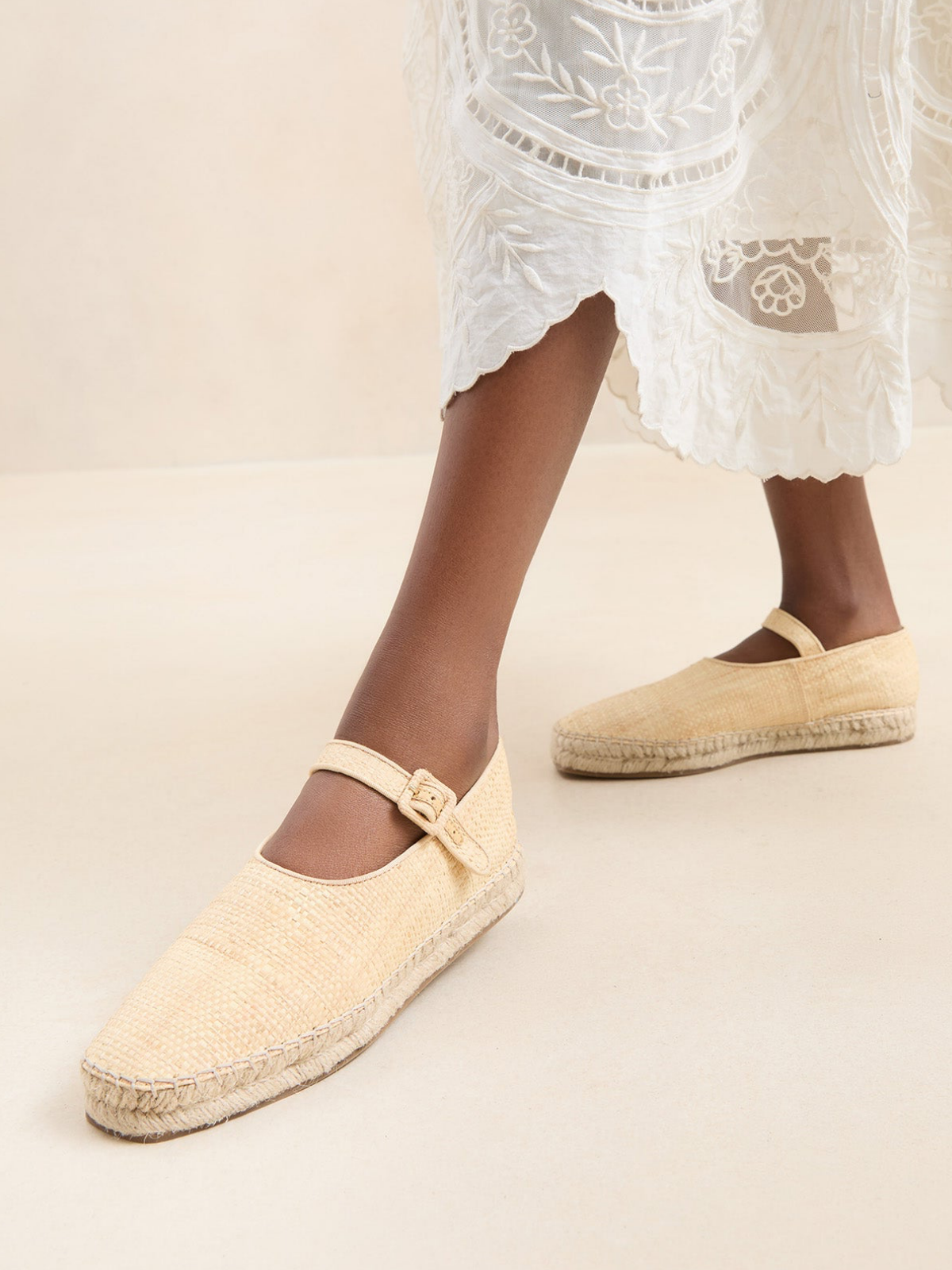 Beige Almond-Toe Adjustable Bridge Strap Espadrille Mary Janes Flats