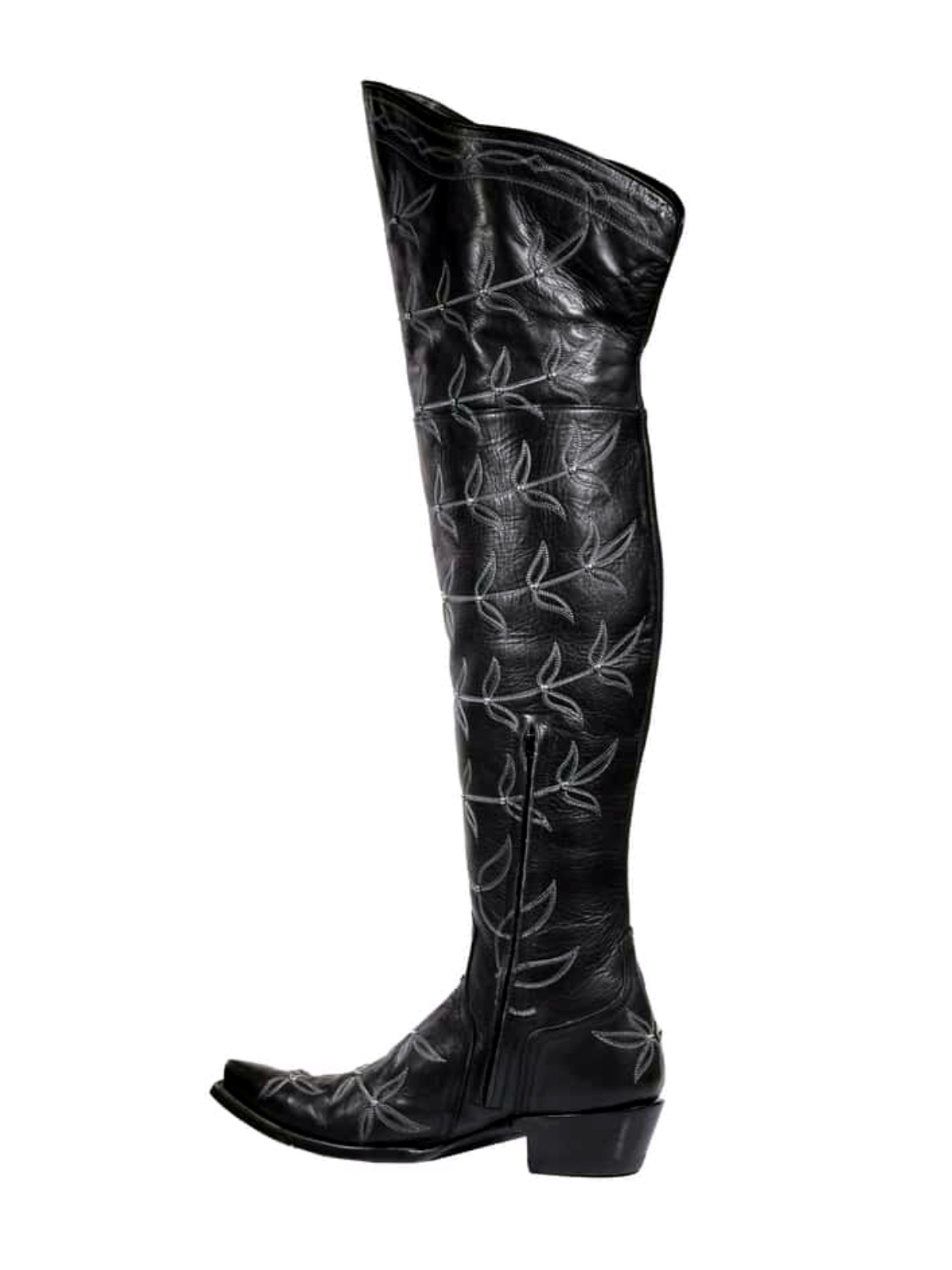 Black Snip-Toe Studded Leaf Embroidery Half-Zip Over-The-Knee Cowgirl Boots