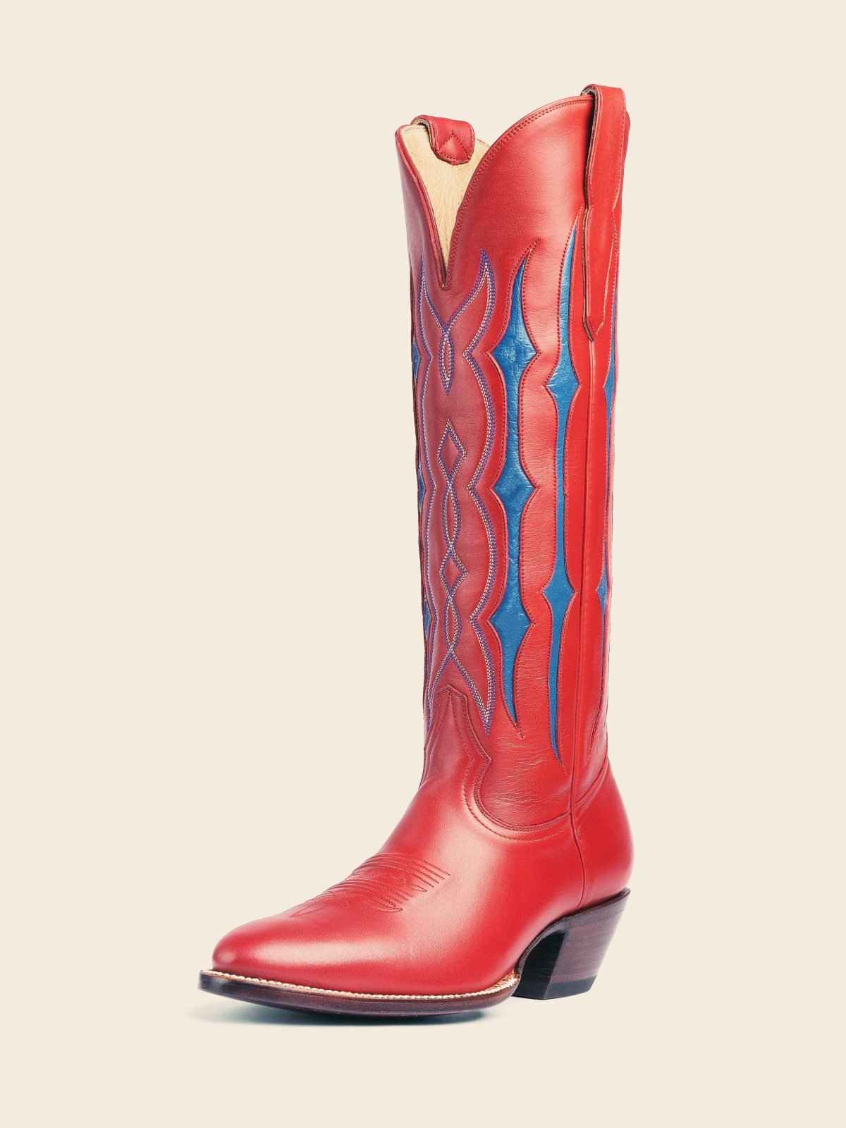 Red Contrast Inlay Stitch Almond-Toe Wide Mid Calf Western Cowgirl Boots