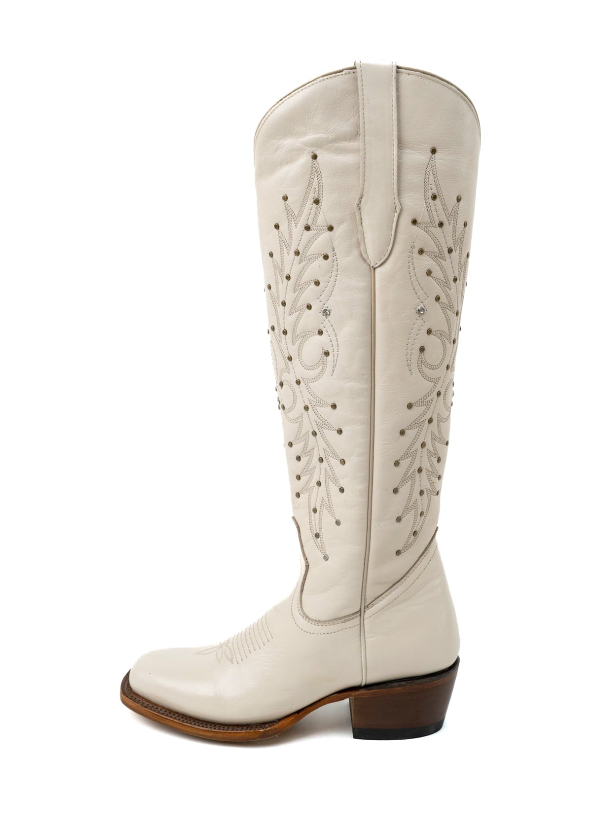 Studded Rhinestone Square-Toe Embroidery Half-Zip Tall Knee High Cowgirl Boots - Ivory