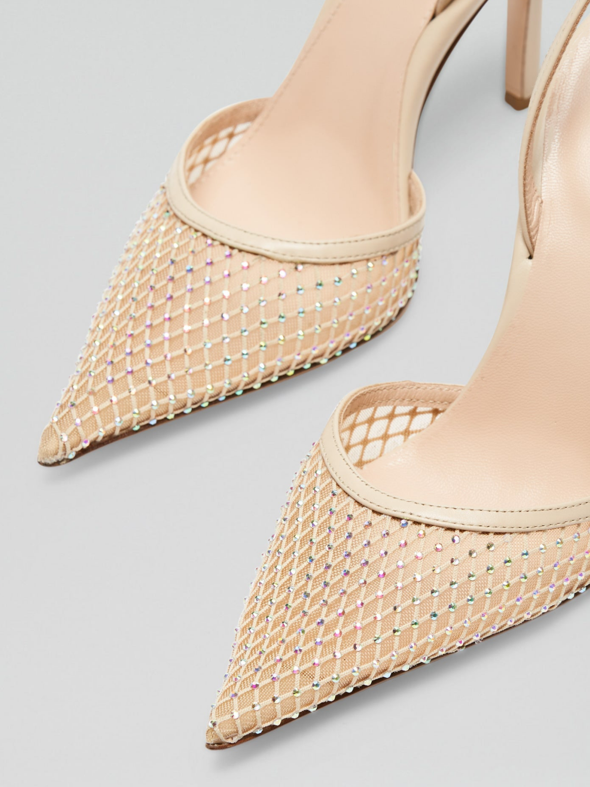 Nude Fishnest Iridescent Rhinestone Pointy Stiletto Slingback Pumps