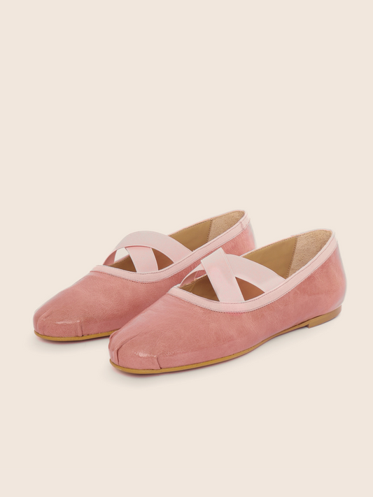 Glossy Dusty Rose Round Toe Ballet Flats With Crossed Strap