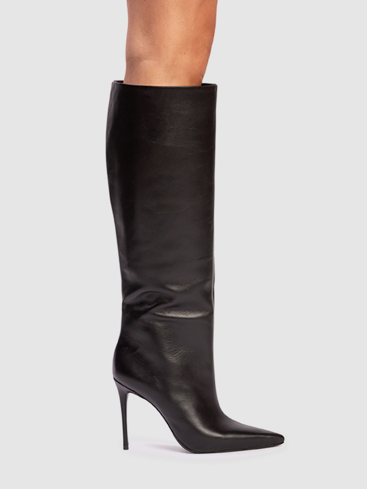 Black Pointed-Toe Wide Mid Calf Stiletto Boots