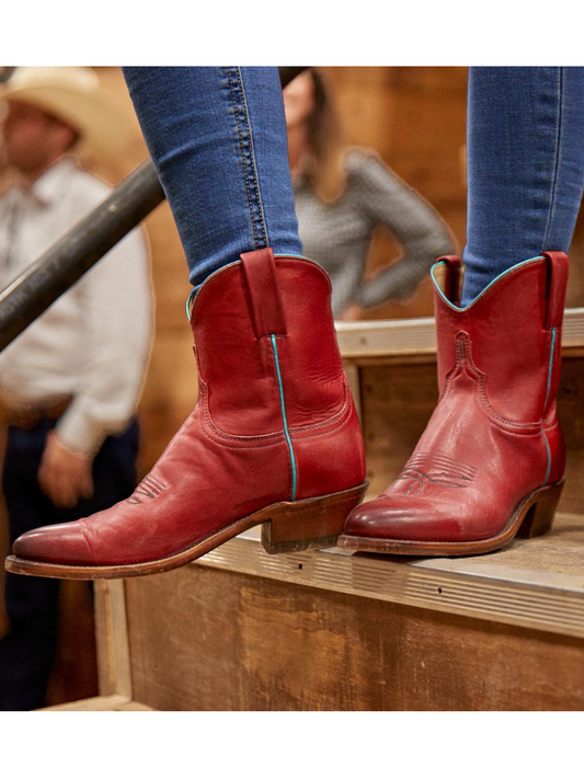 Red Almond-Toe Wide Mid Calf Western Boots For Women