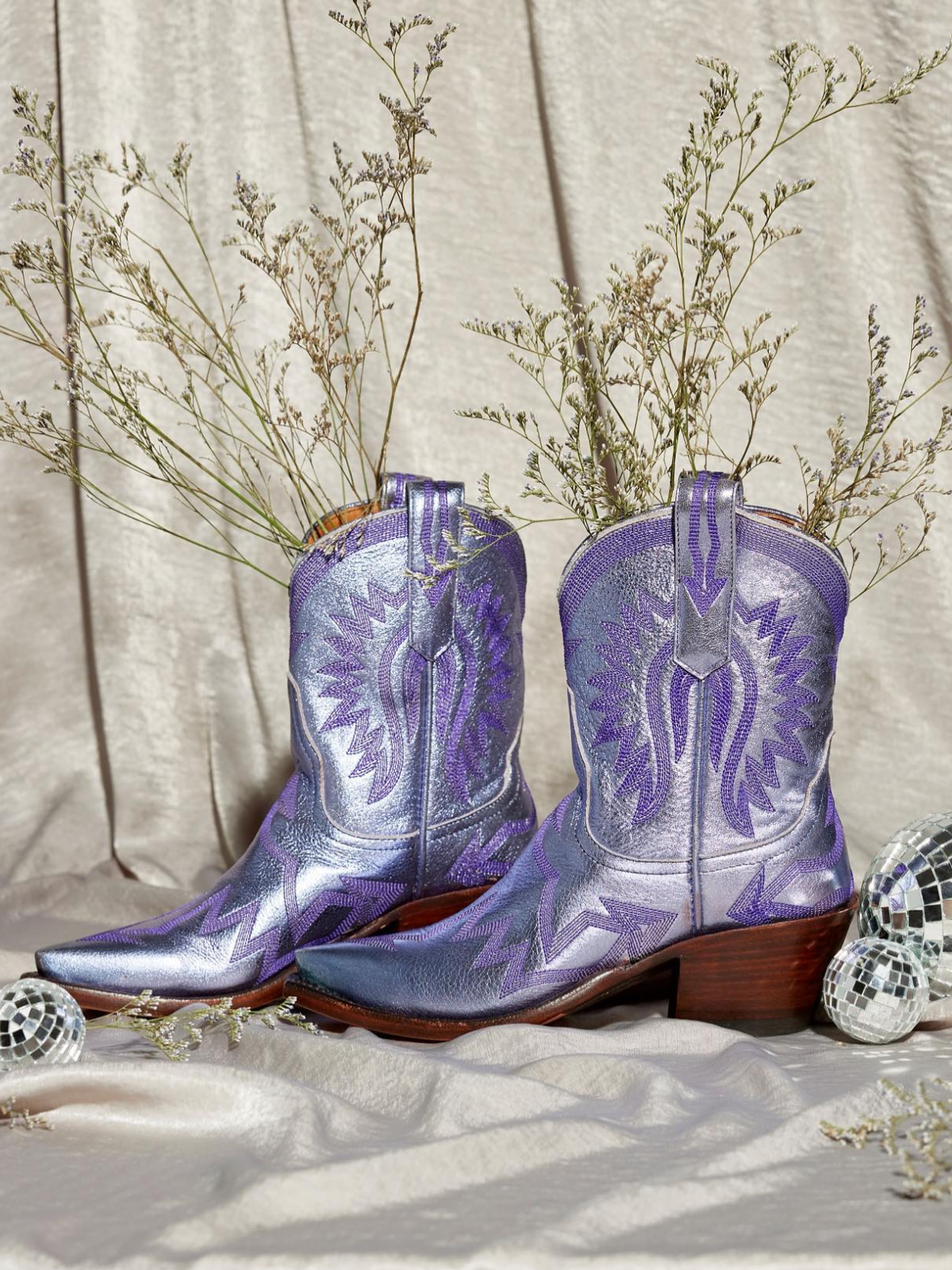 Metallic Embroidery Snip-Toe Wide Mid Calf Cowgirl Boots - Lavender