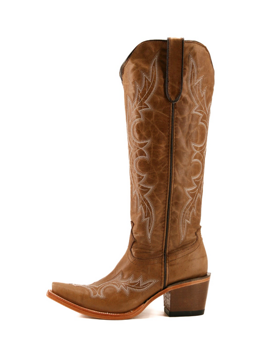 Distressed Dark Tan Snip-Toe Half-Zip Classic Embroidery Knee High Tall Cowgirl Boots