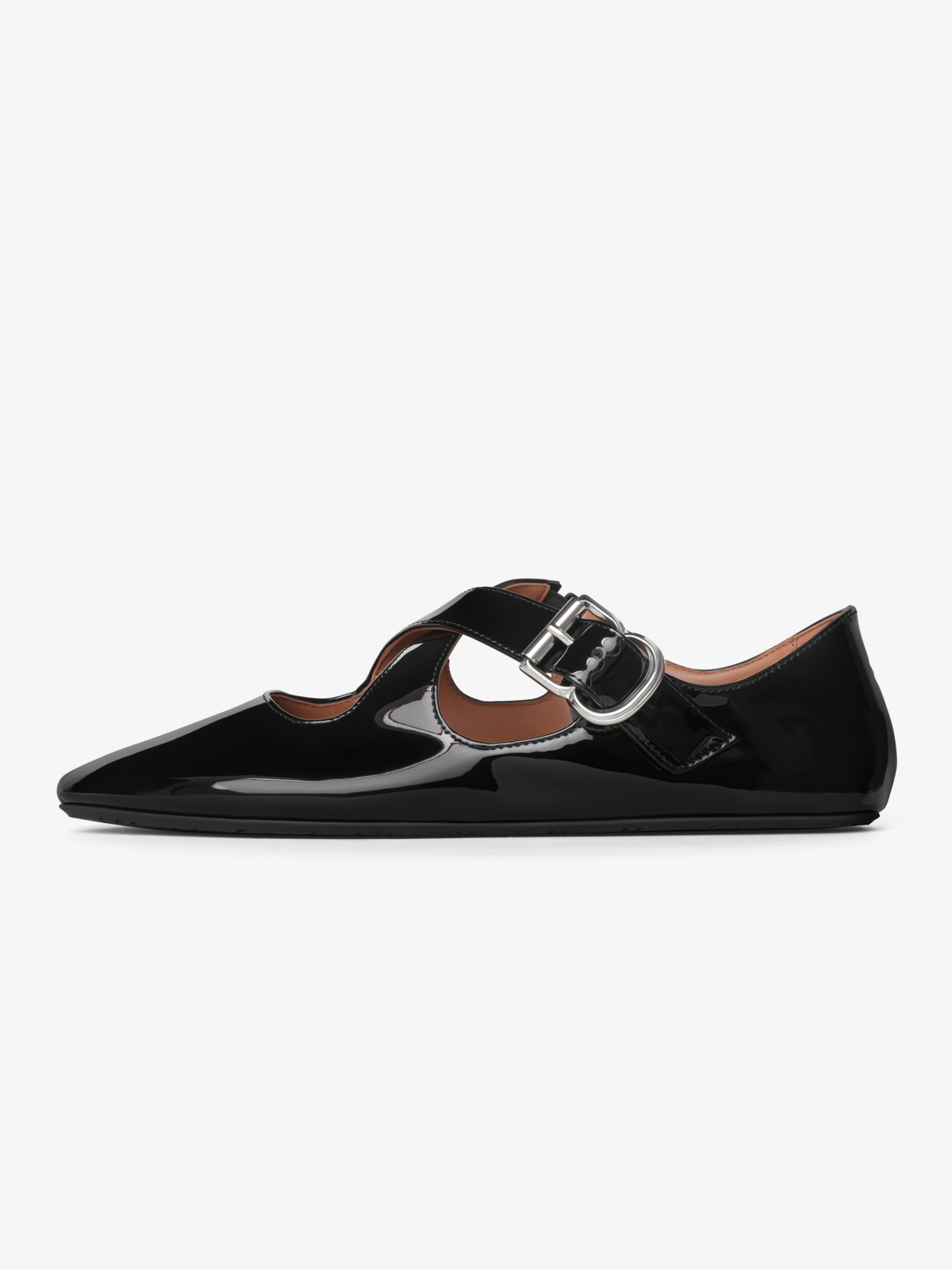 Black Patent Round-Toe Cross Buckle Straps Ballet Flats