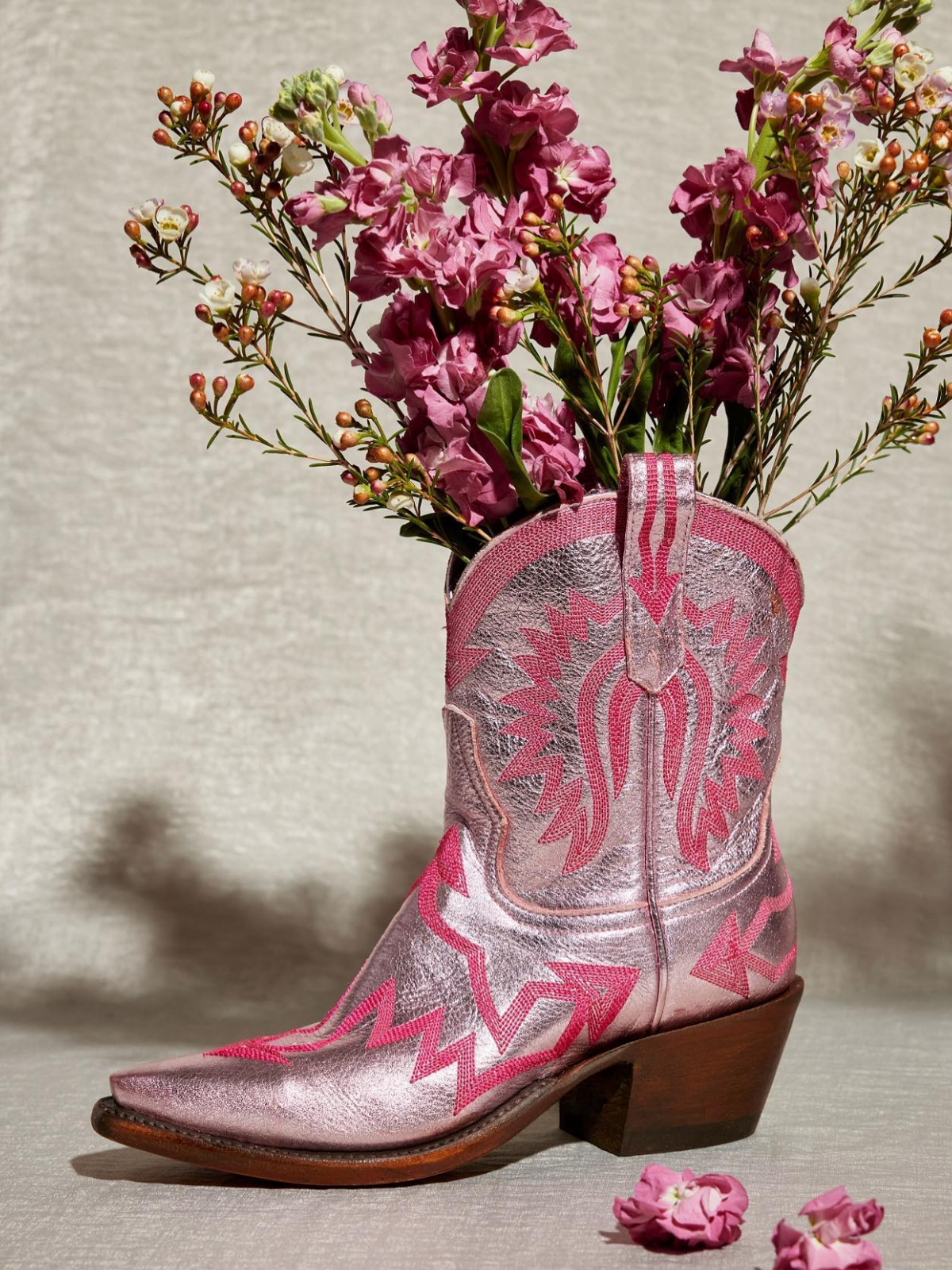 Metallic Embroidery Snip-Toe Wide Mid Calf Cowgirl Boots - Light Pink