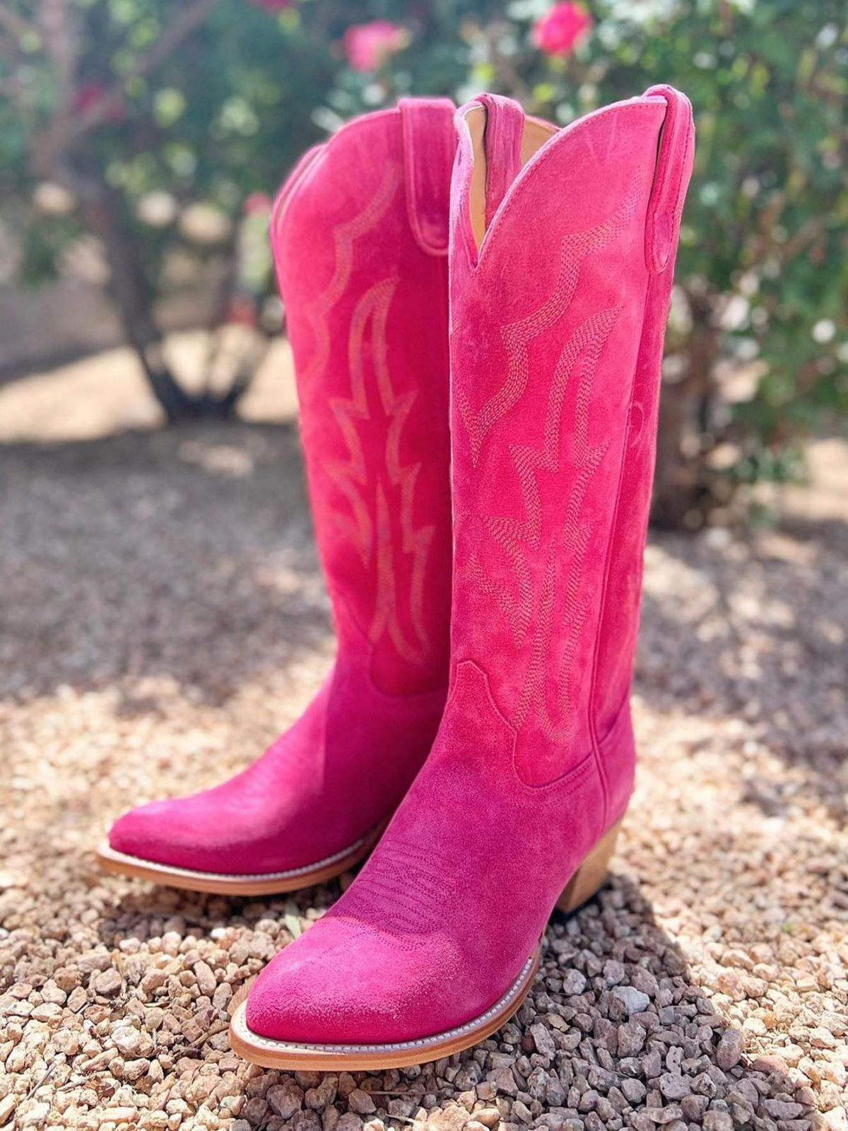 Hot Pink Faux Suede Embroidery Almond-Toe Wide Mid Calf Cowboy Tall Boots For Women