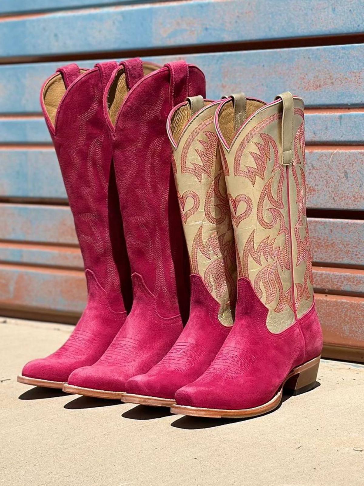 Contrast Pink Faux Suede And Metallic Gold Embroidery Snip-Toe Wide Mid Calf Cowgirl Tall Boots