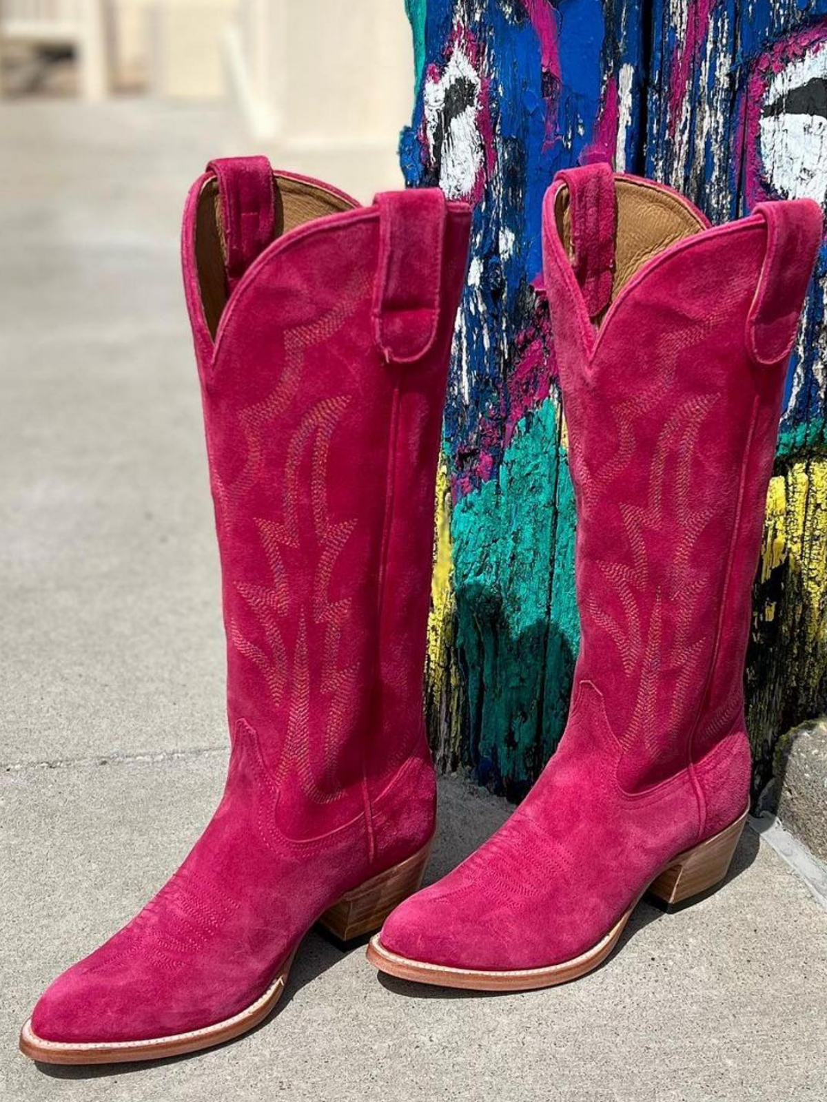 Hot Pink Faux Suede Embroidery Almond-Toe Wide Mid Calf Cowboy Tall Boots For Women