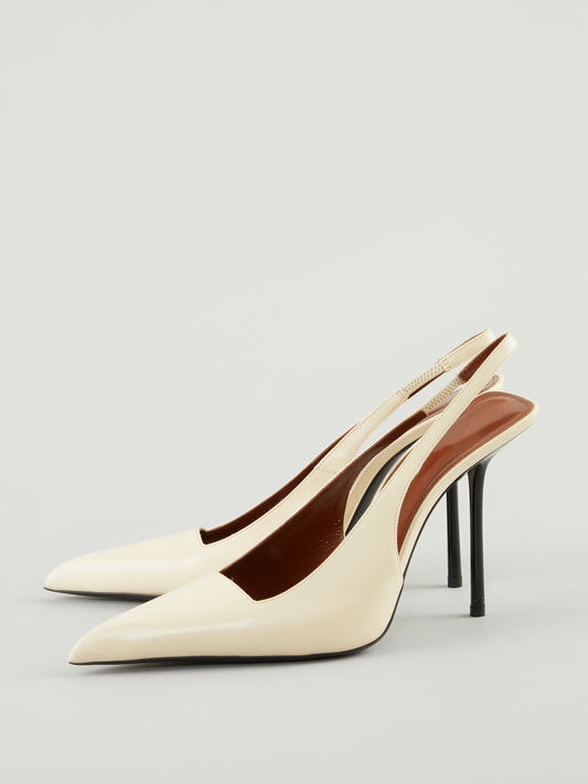 Beige Pointy Slingback Stiletto Pumps with Buckled Strap