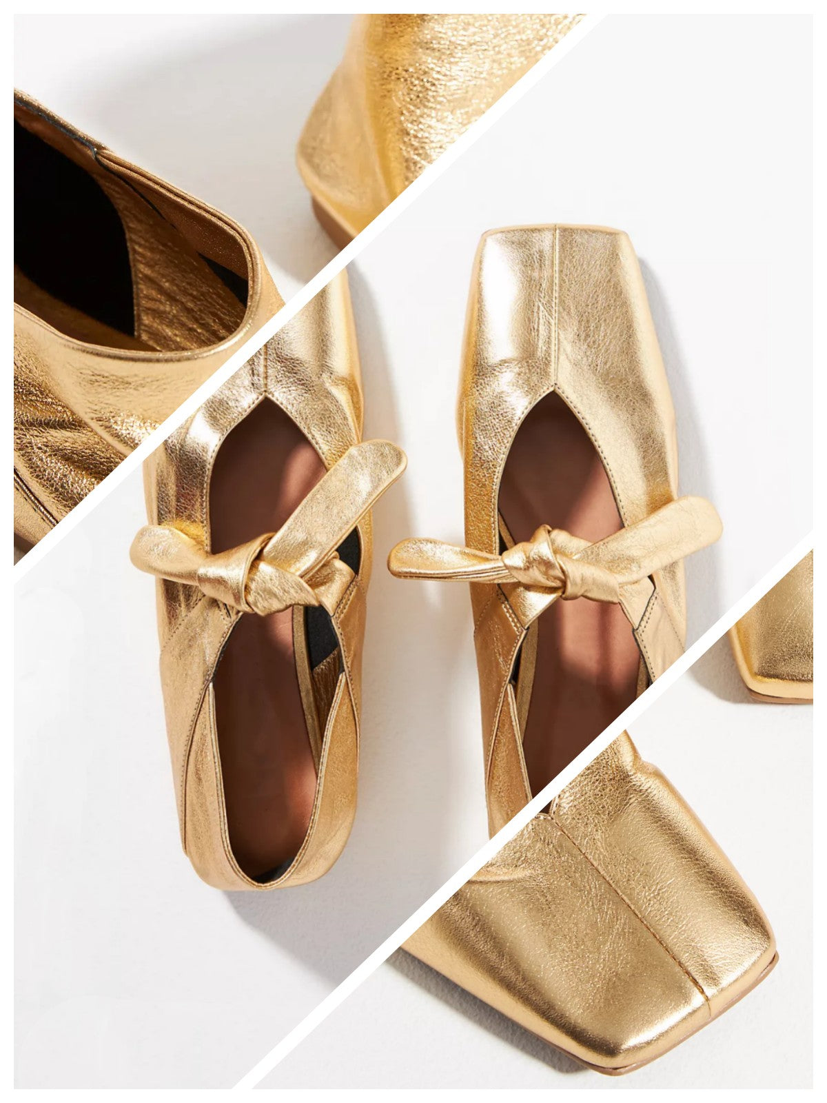 Crinkle Metallic Gold Square Toe Knot Bow Mary Janes Tied Flats Slippers