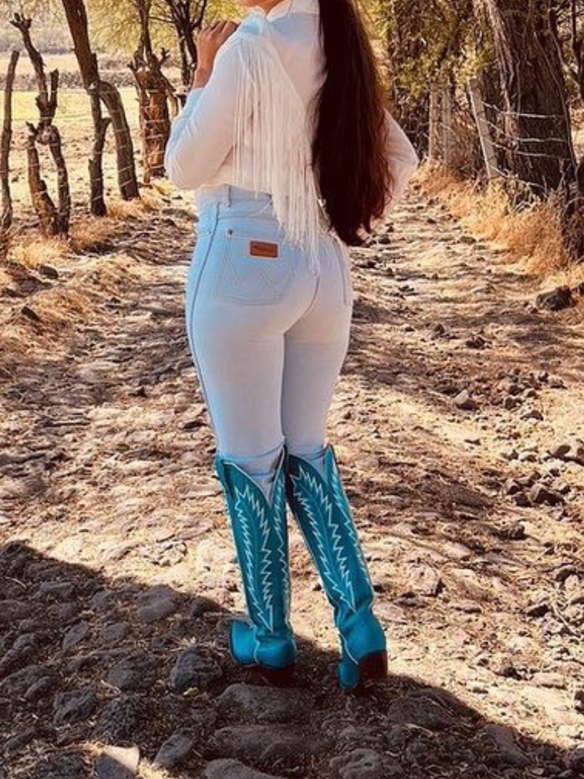 Arrows Embroidery Snip-Toe Wide Calf Over-The-Knee Cowgirl Boots - Turquoise